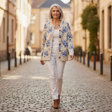 Heike | Crème kleurige cardigan met blauwe bloemen