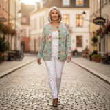 Christa | Saliegroene cardigan met rozenpatroon