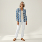 Ingrid | Blauw-witte cardigan met bloemen & vogels