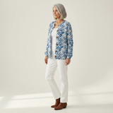 Ingrid | Blauw-witte cardigan met bloemen & vogels