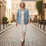 Ingrid | Blauw-witte cardigan met bloemen & vogels