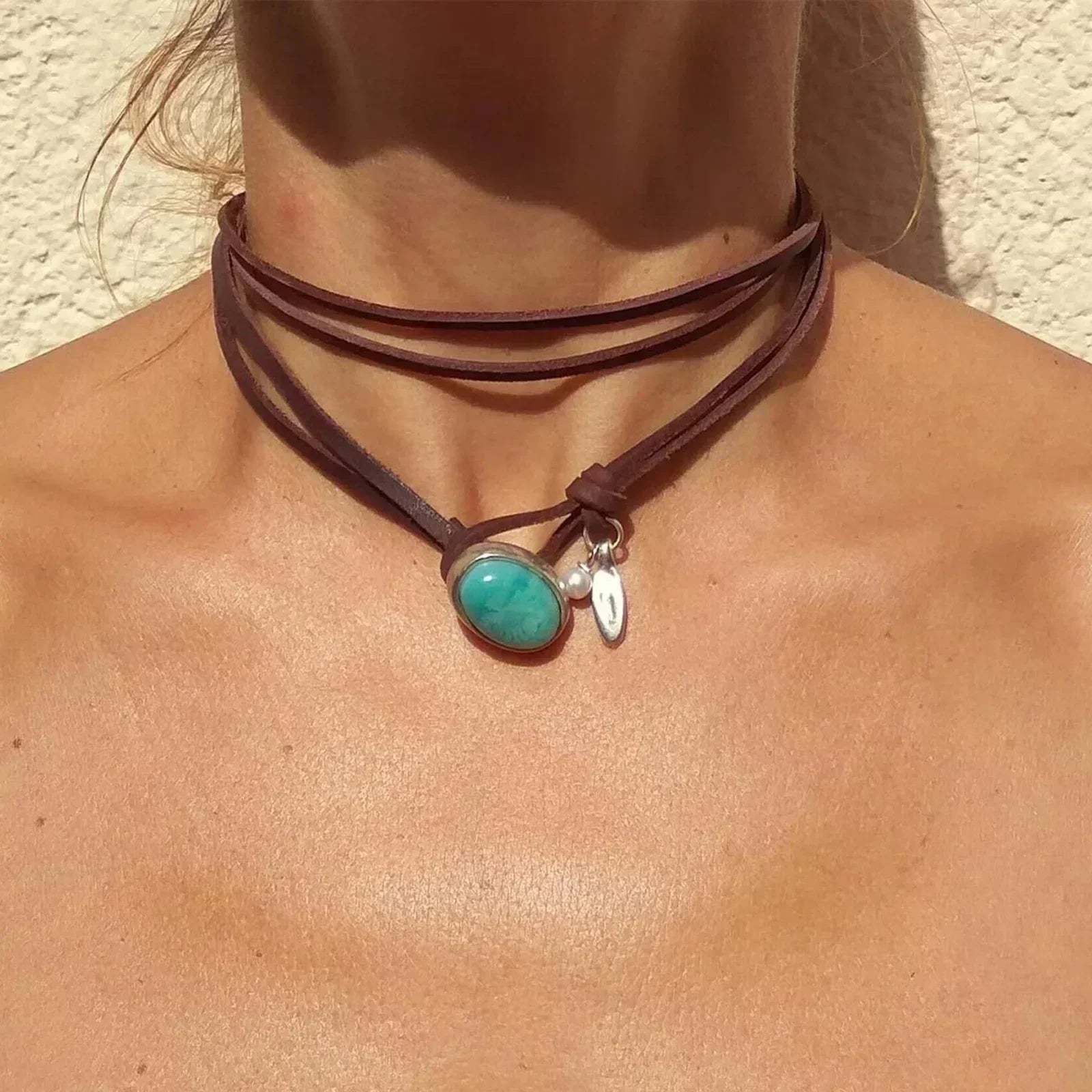Agnese™ – Leren ketting met turkoois